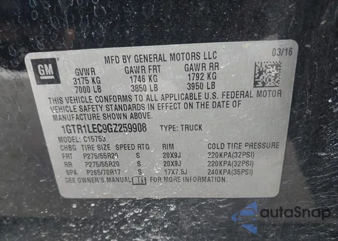 2016 GMC Sierra 1500 z USA, uszkodzony, nr VIN 1GTR1LEC9GZ259908